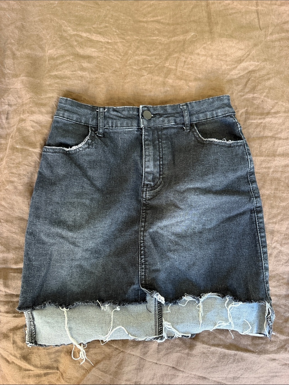 Black Denim Raw-Hem Mini Skirt